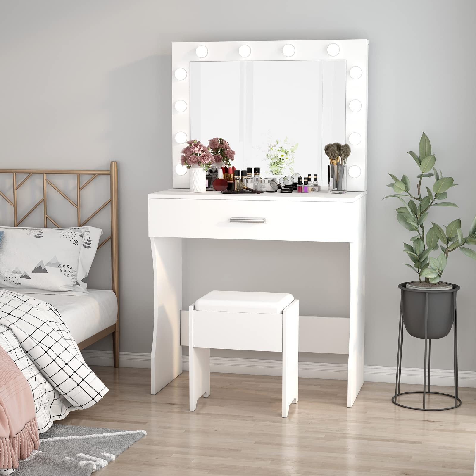 Makeup Vanity Desk with Lights Dimmable Large Drawer Sturdy Bedroom Studio White