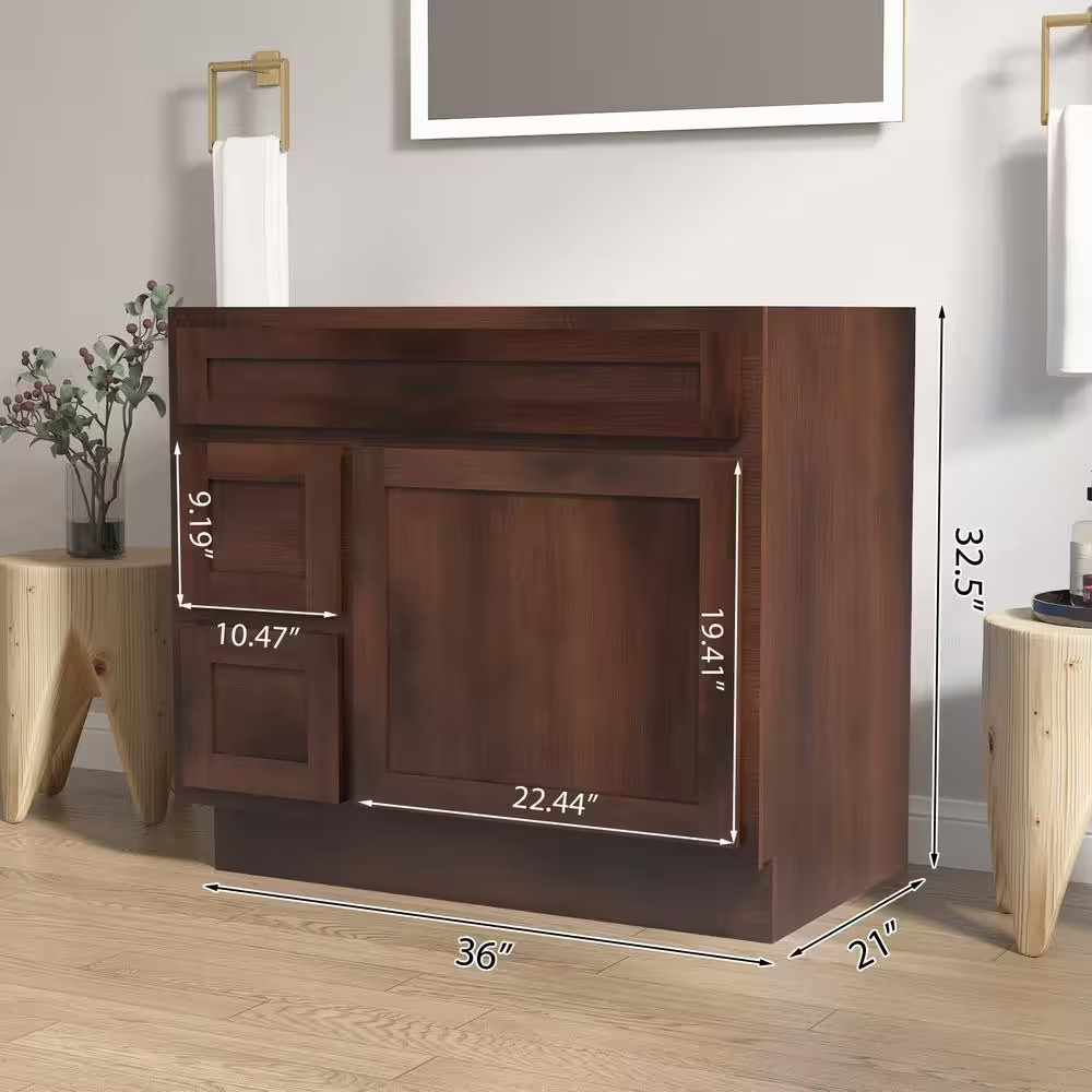 36 In. W X 21 In. D X 32.5 In. H 2-Left Drawers Bath Vanity Cabinet Only in Brow