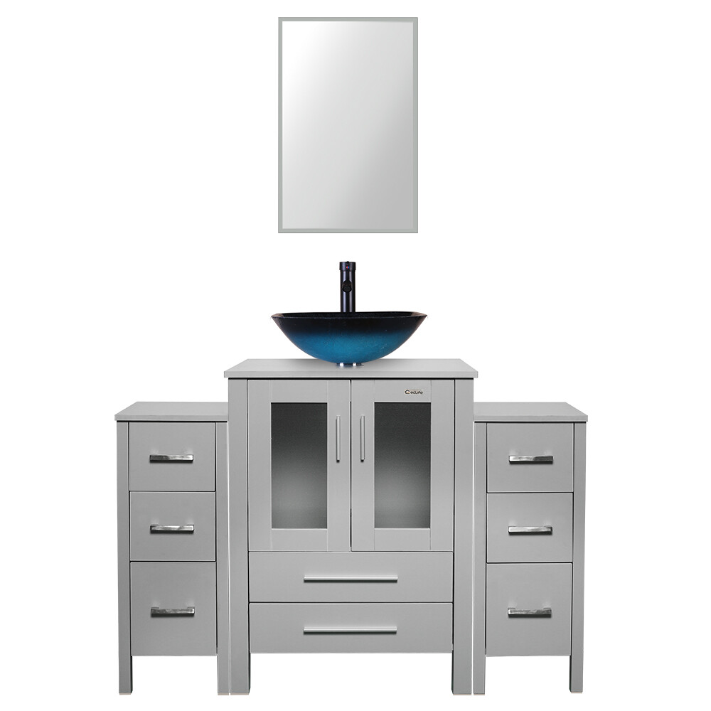 48″ Bathroom Vanity Set Tempered Glass Vessel Sink Faucet Combo Gray No Mirror