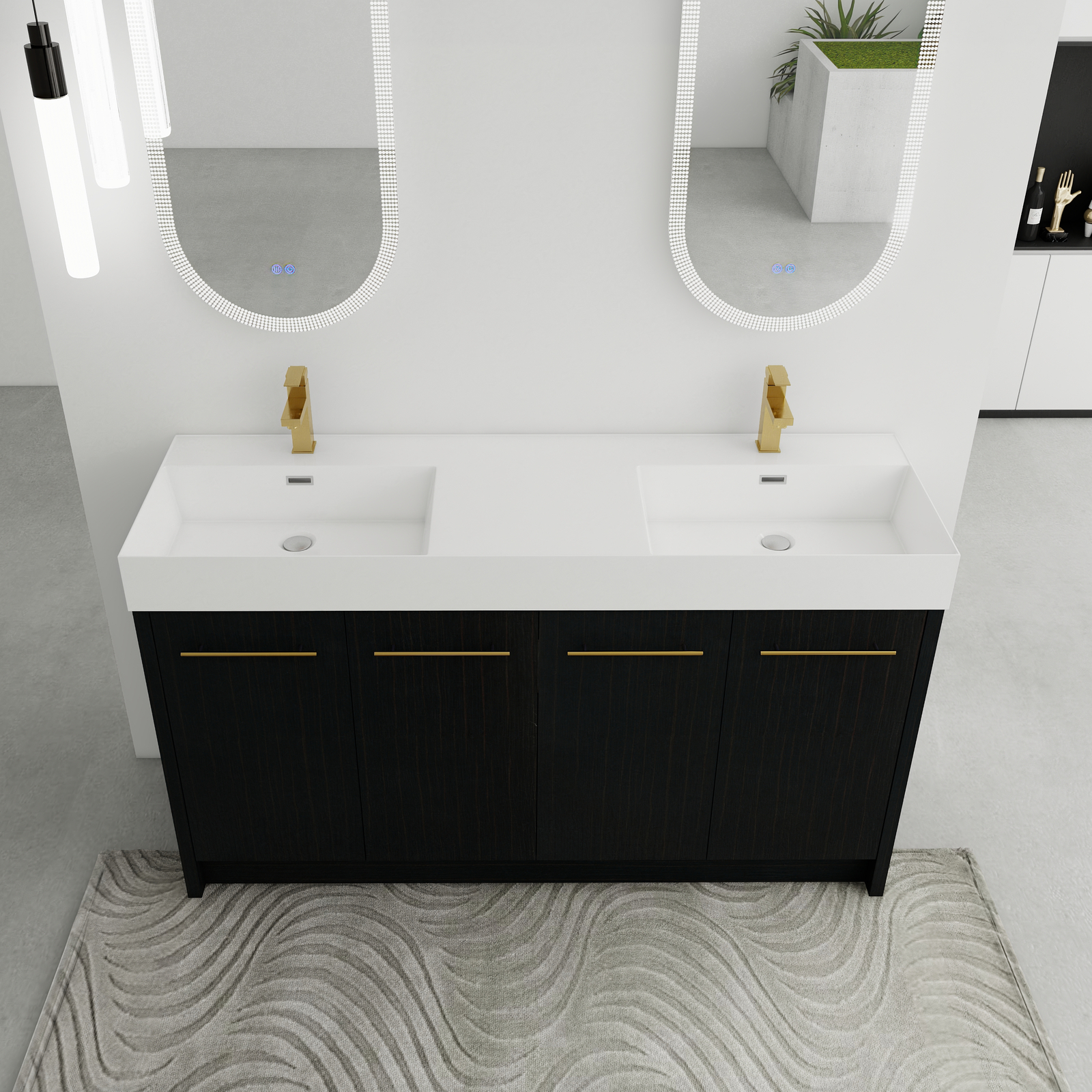 60 in Wood Freestanding Bathroom Vanity W/ Resin Double Sink Door Cabinet Black