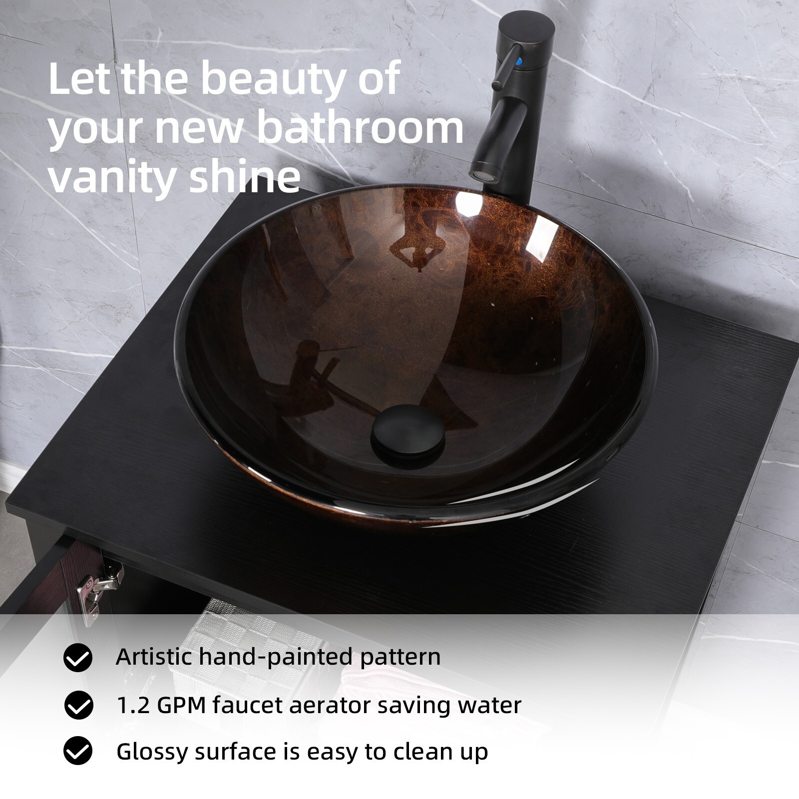 24″ Black Bathroom Vanity Set Round Tempered Glass Vessel Sink No Mirror