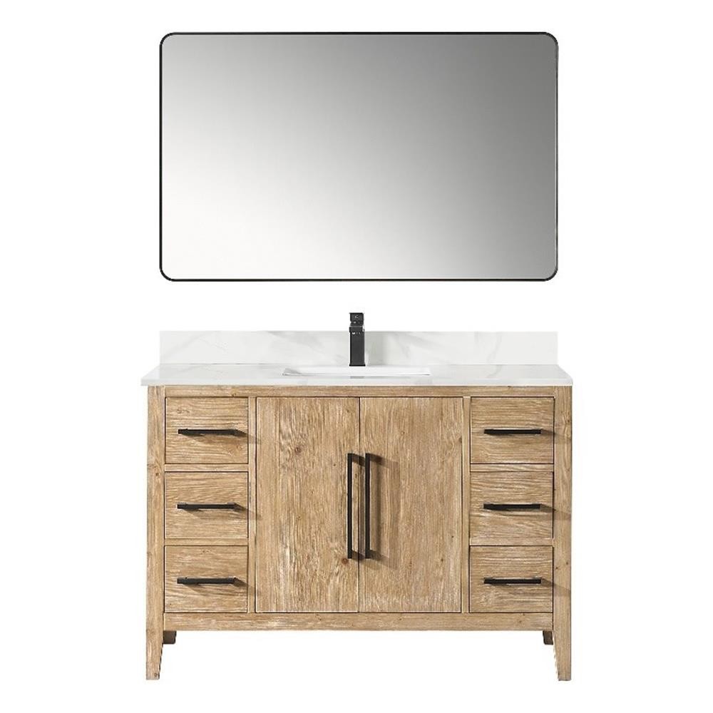 Laurel 48″ Wood Vanity in Weathered Fir Calacatta White Quartz Top with Mirror