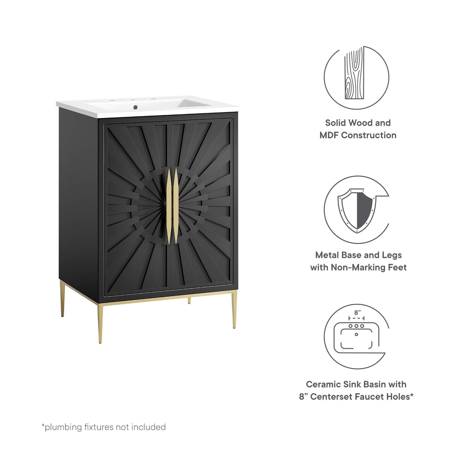 Modway Awaken 24″ Bathroom Vanity Cabinet in White Black With Ceramic Sink Basin