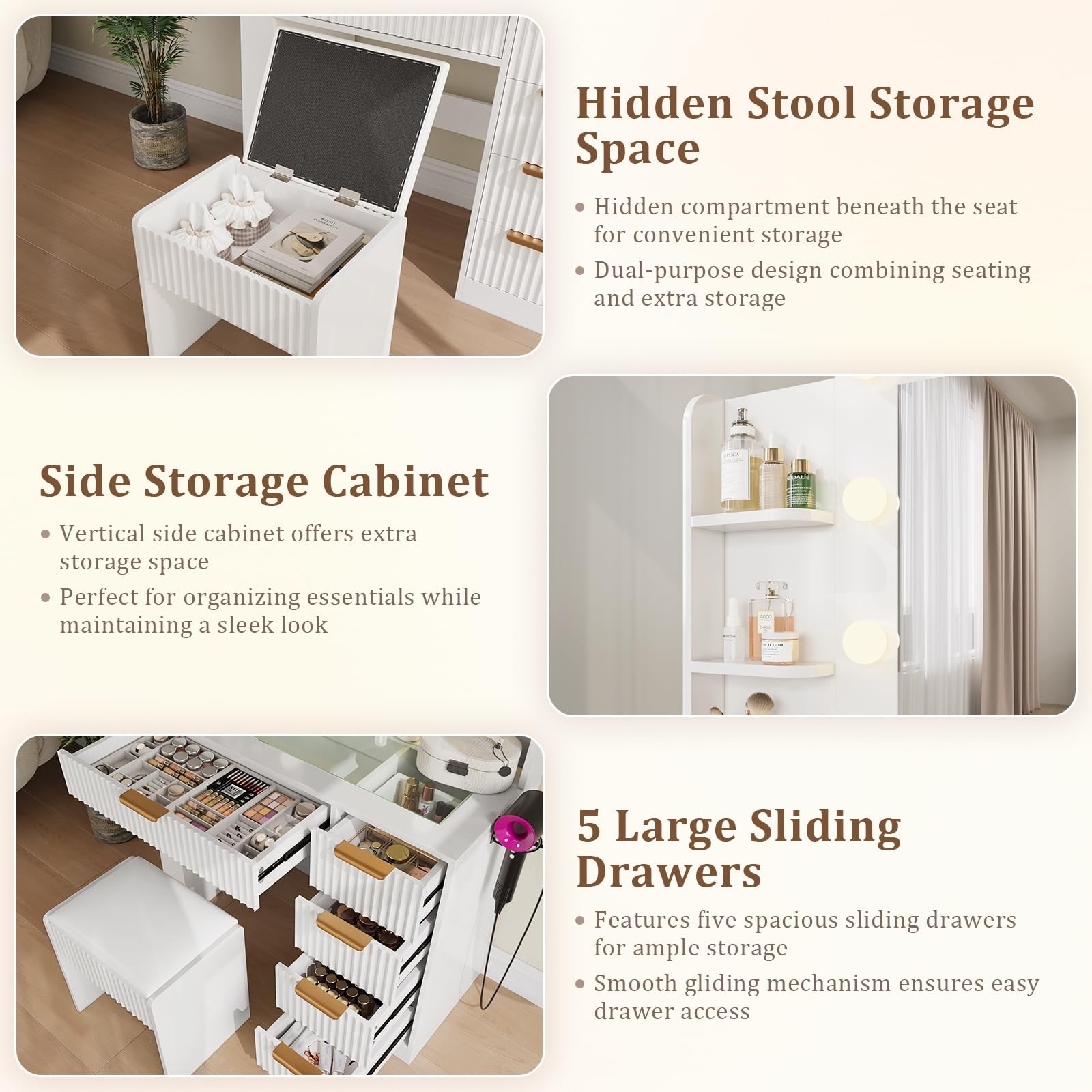Makeup Vanity Desk Lighted Mirror 5 Drawers Charging Station