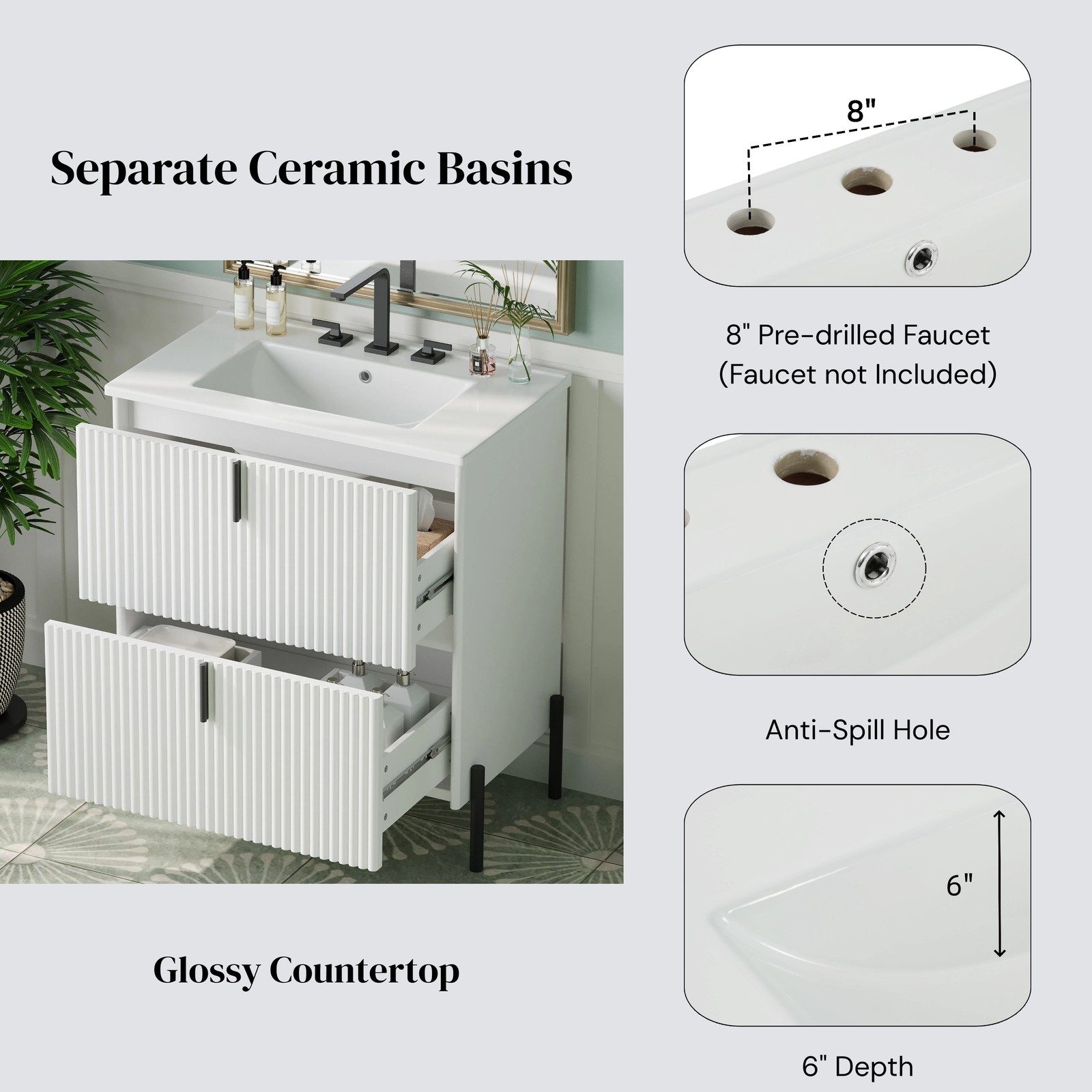 30″ White Bathroom Vanity with Ceramic Sink & Soft Close Drawers