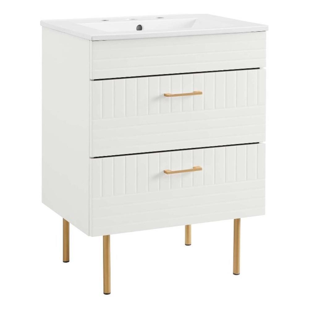 Modway Daybreak 24″ Modern Wood/Ceramic Bathroom Vanity with Gold Legs in White