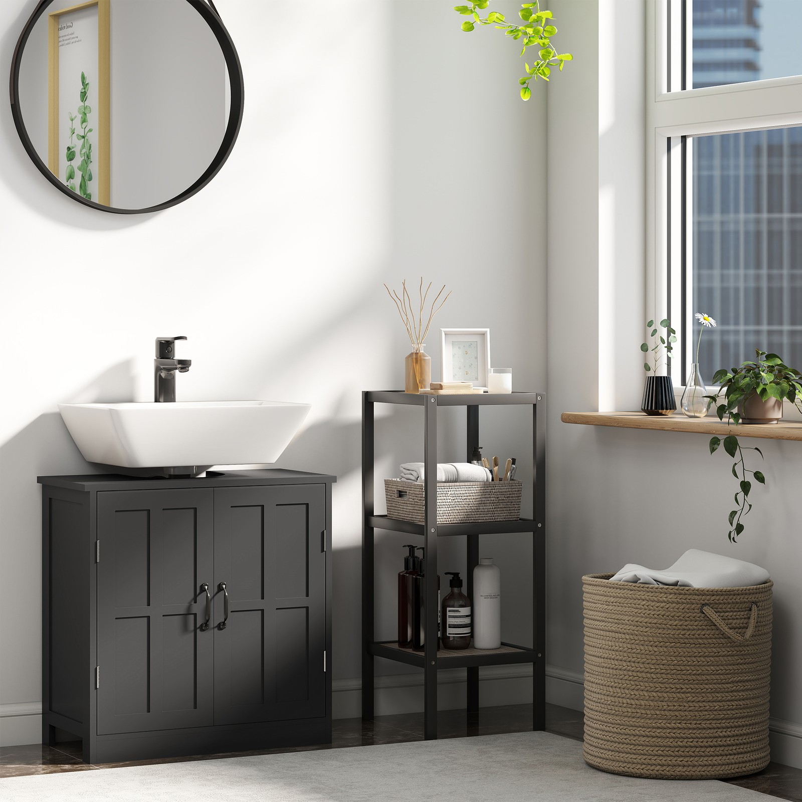 Bathroom Sink Cabinet, Pedestal Sink Cabinet with Adjustable Shelf, Black