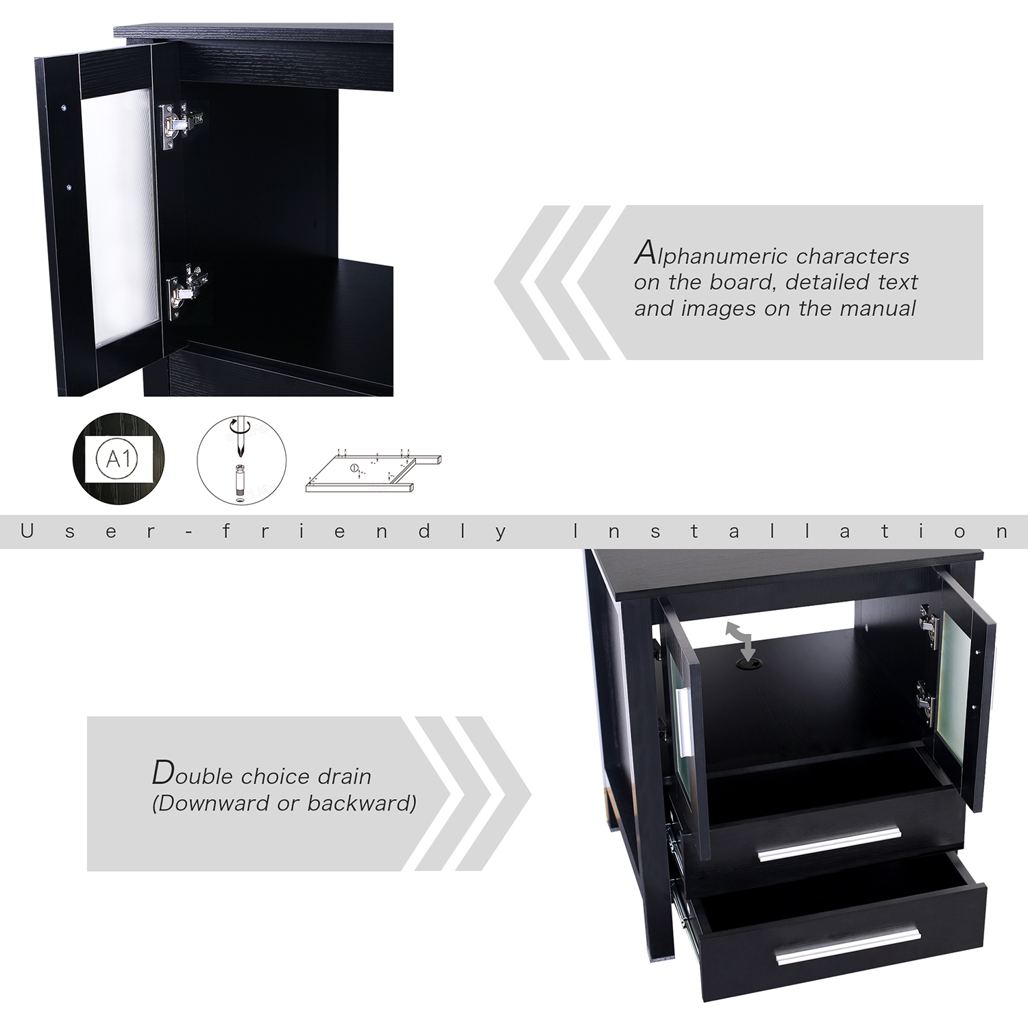Black 48 inch Double Sink Bathroom Vanity White Ceramic Top Cabinet No Mirror