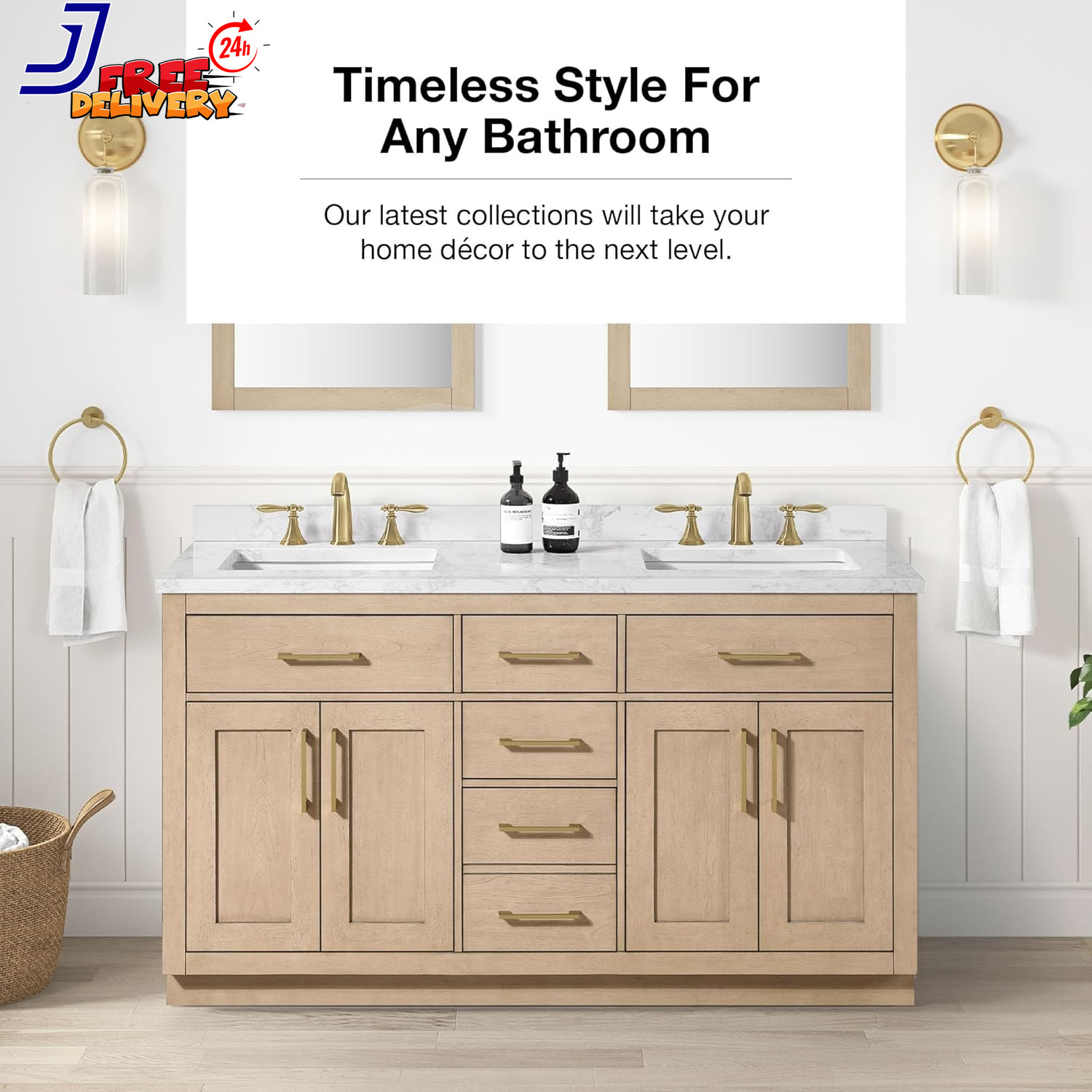 60 In. Double Sink Freestanding Sahara Birch Bathroom Vanity w/White Engineered