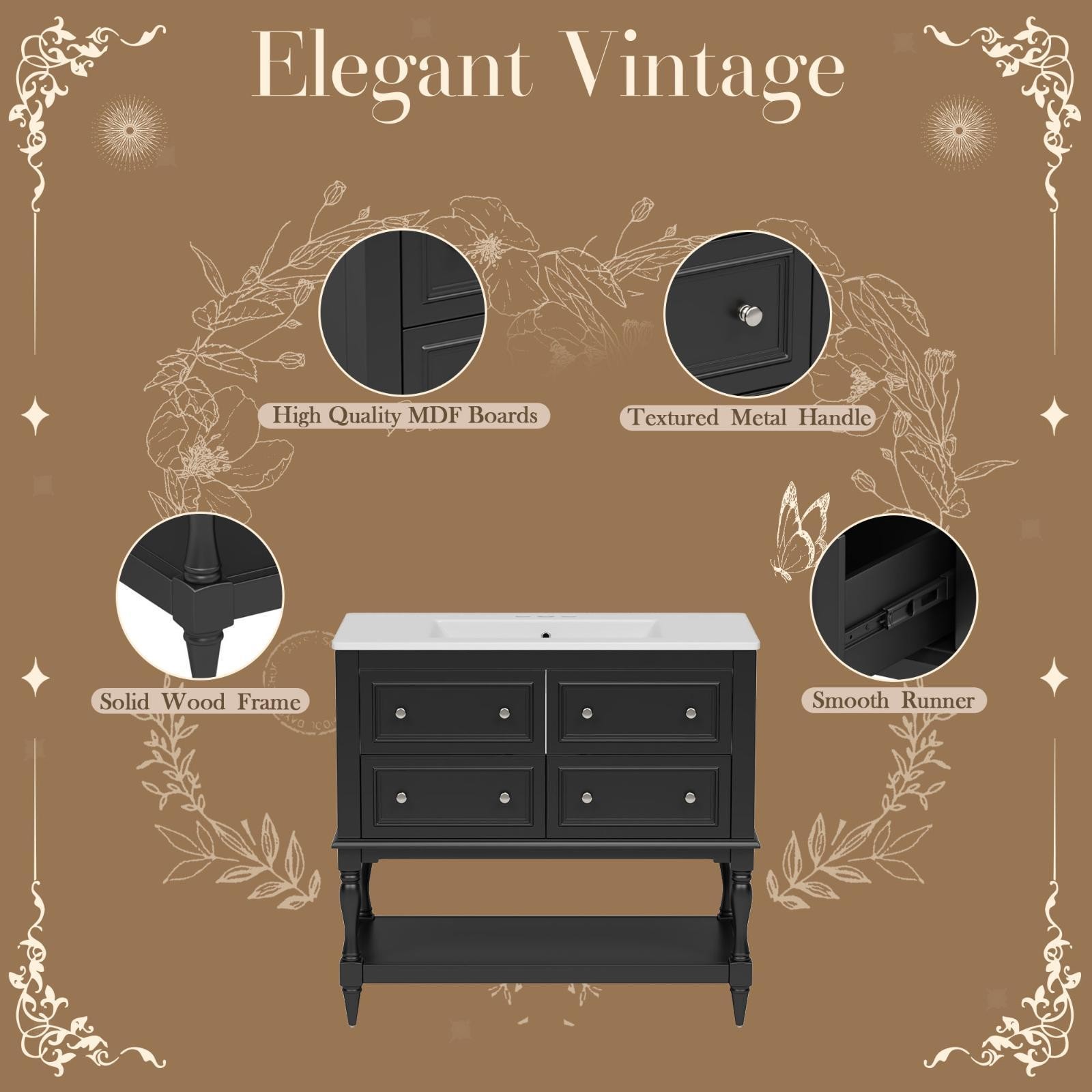 36” Bathroom Vanity Cabinet with Ceramic Sink, Solid Wood Frame, 4 Drawers,