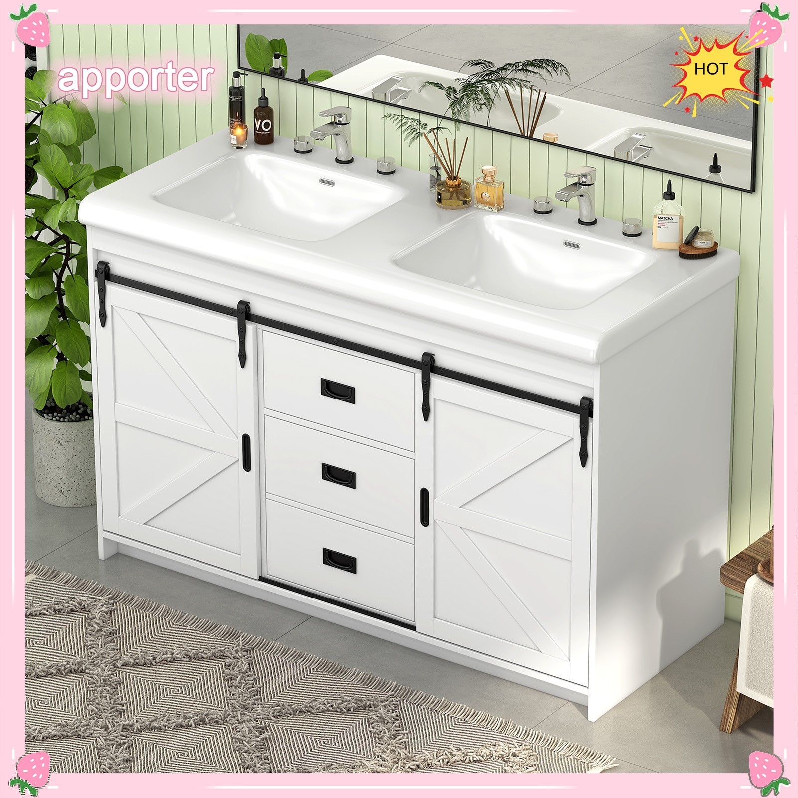46″ Bathroom Vanity Double Sink, Freestanding Storage Vanity Cabinet & 2 Drawers