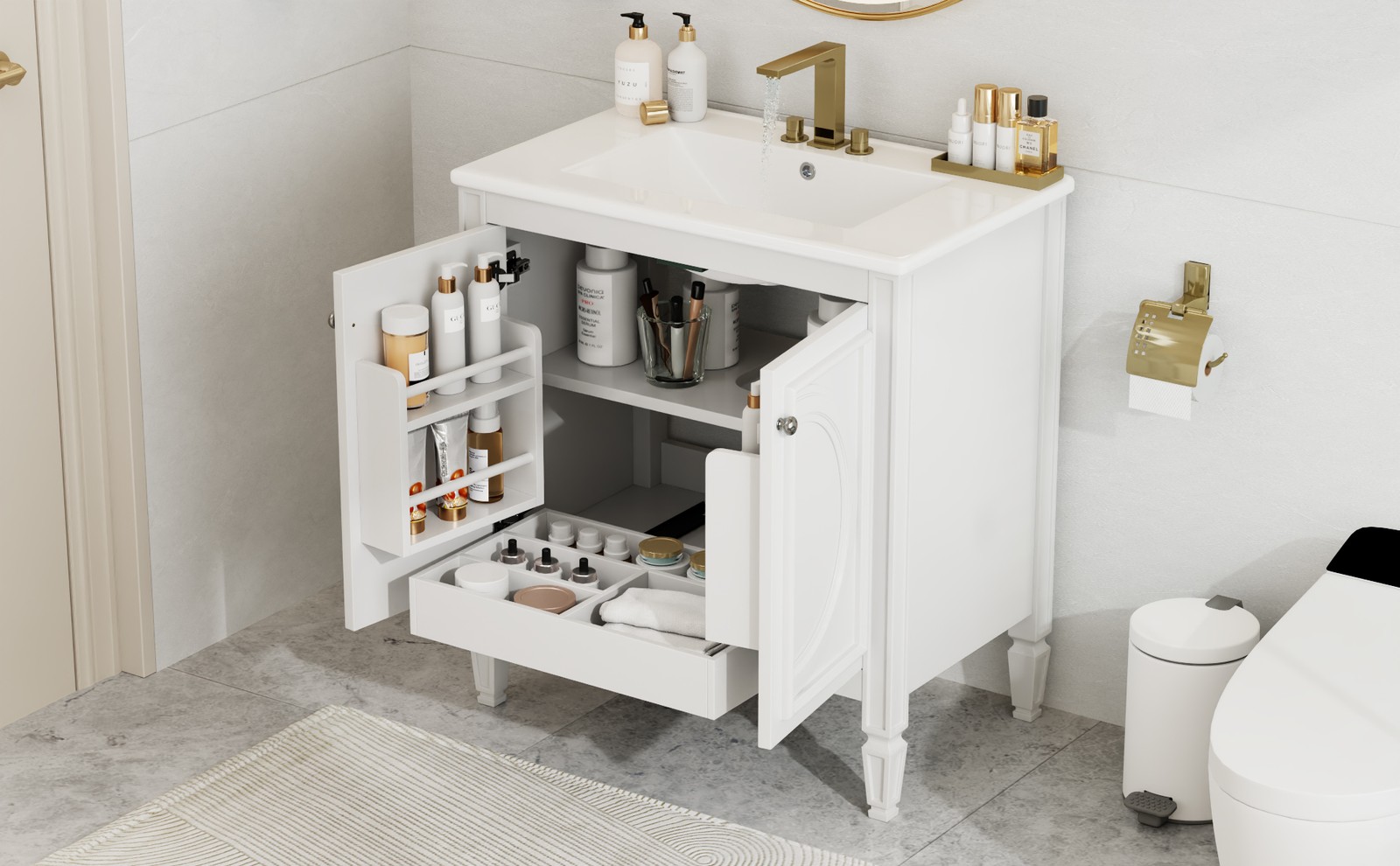 30″ Bathroom Vanity with Sink, Two Doors & Drawer, White