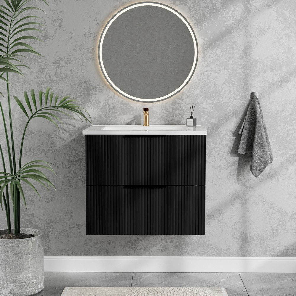 30″ Bathroom Vanity with Ceramic Sink, White Wall Mounted Fluted Cabinet
