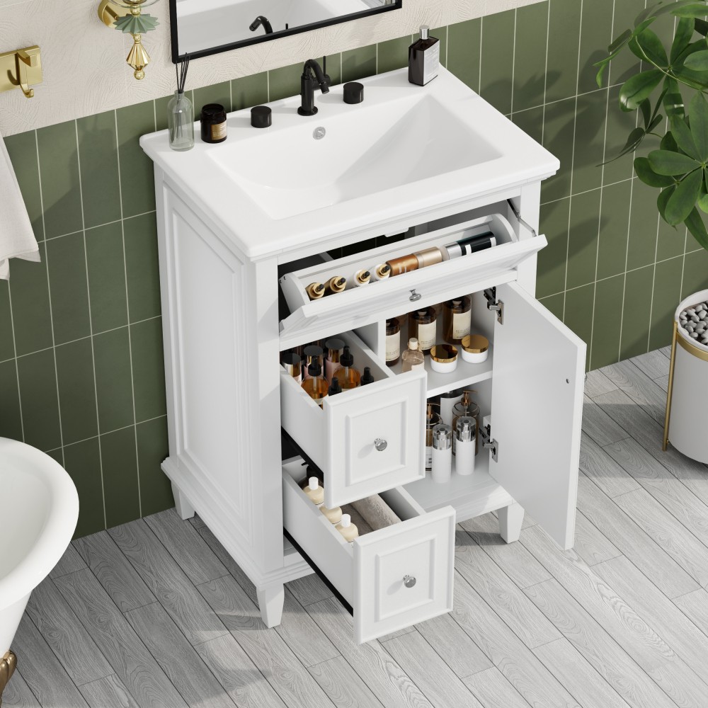 24 Inch White Bathroom Vanity with Ceramic Sink Solid Wood MDF Cabinet