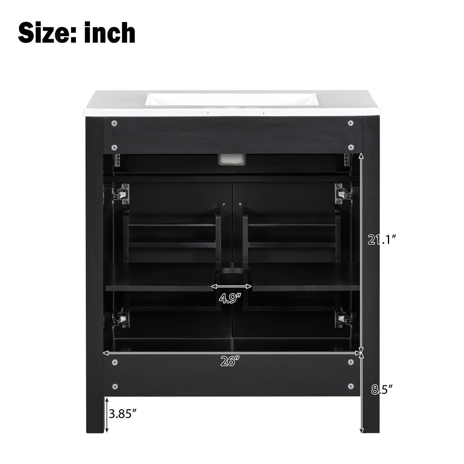 30-Inch Black Bathroom Cabinet with Ceramic Sink, Height-Adjustable Shelf,