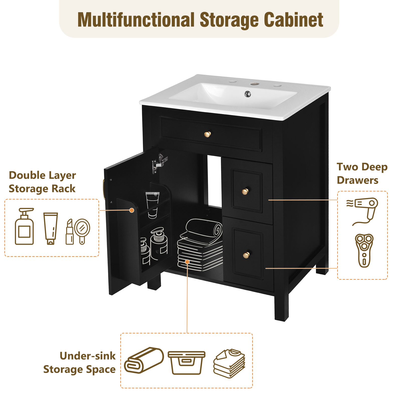 24Inch Bathroom Vanity Modern Bathroom Storage Cabinet with Ceramic Sink Black