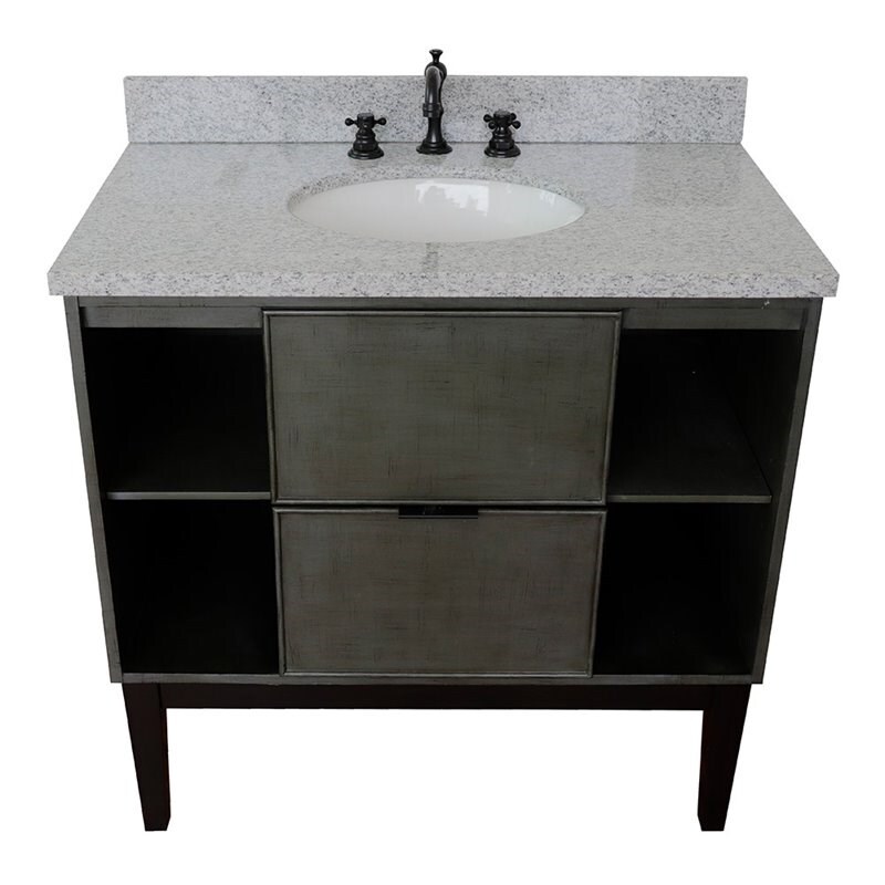 Scandi Oval Sink Solid Wood Vanity with Gray Granite Stone Top in Linen Gray