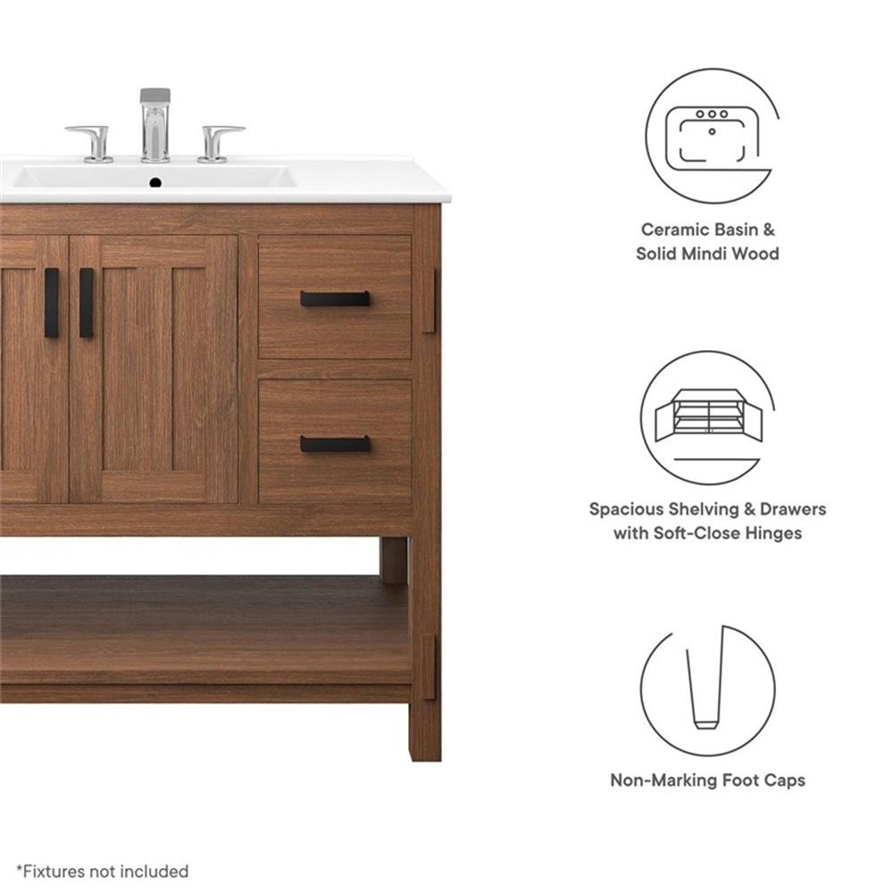 Pemberly Row 36″ Wood Bathroom Vanity with Open Shelf in Walnut and White