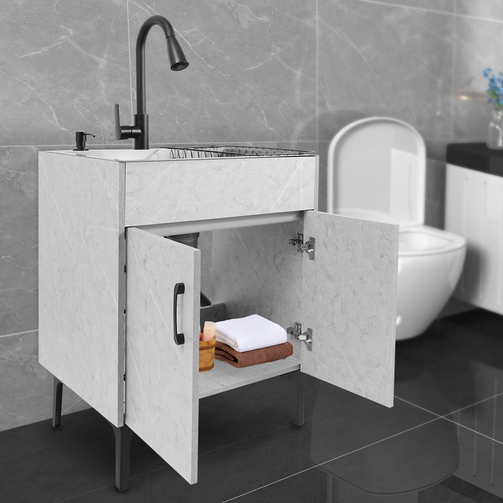 Grey Stainless Steel Sink & Freestanding Cabinet With Pull-Out Faucet