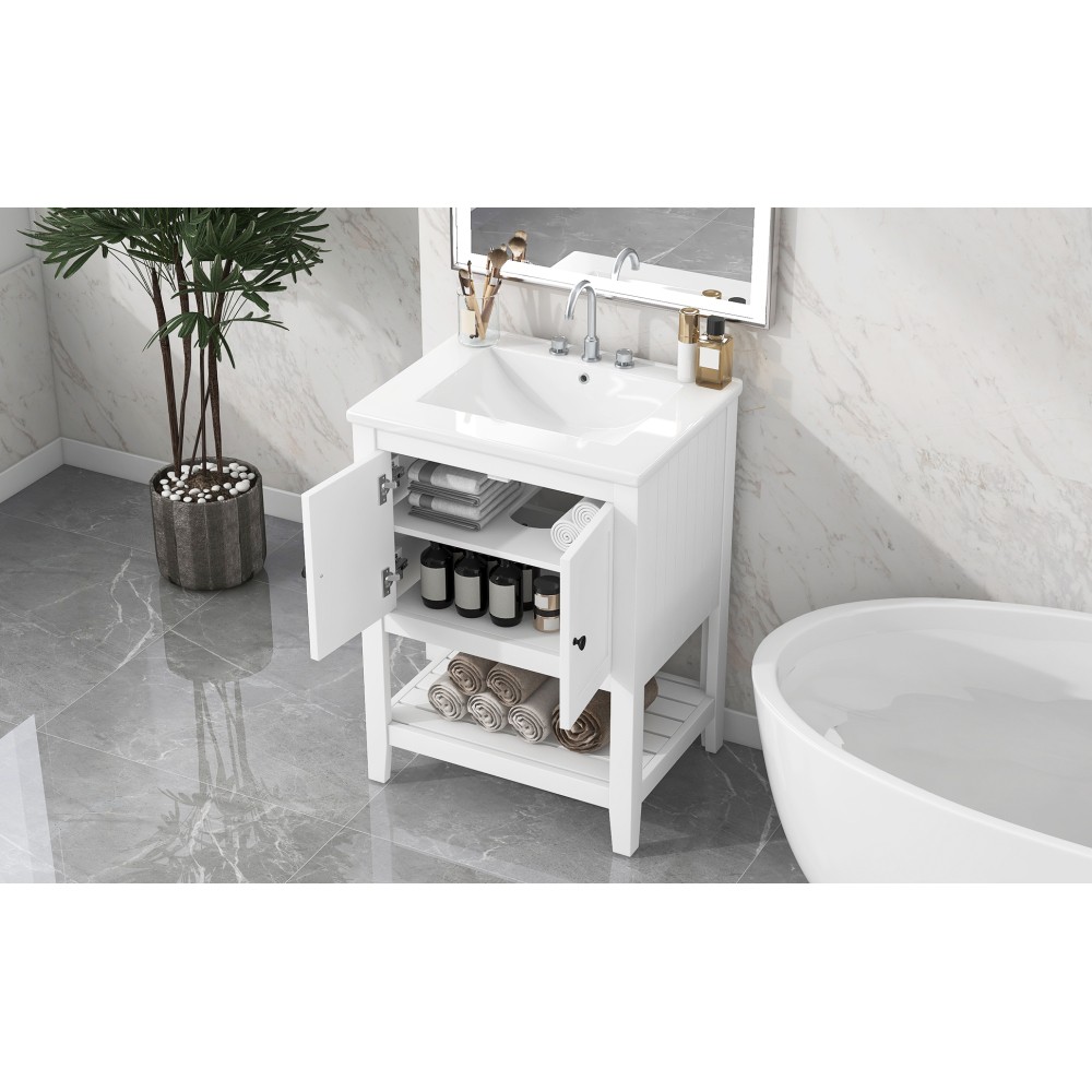 24″ White Bathroom Vanity w/Ceramic Sink & Solid Wood Frame