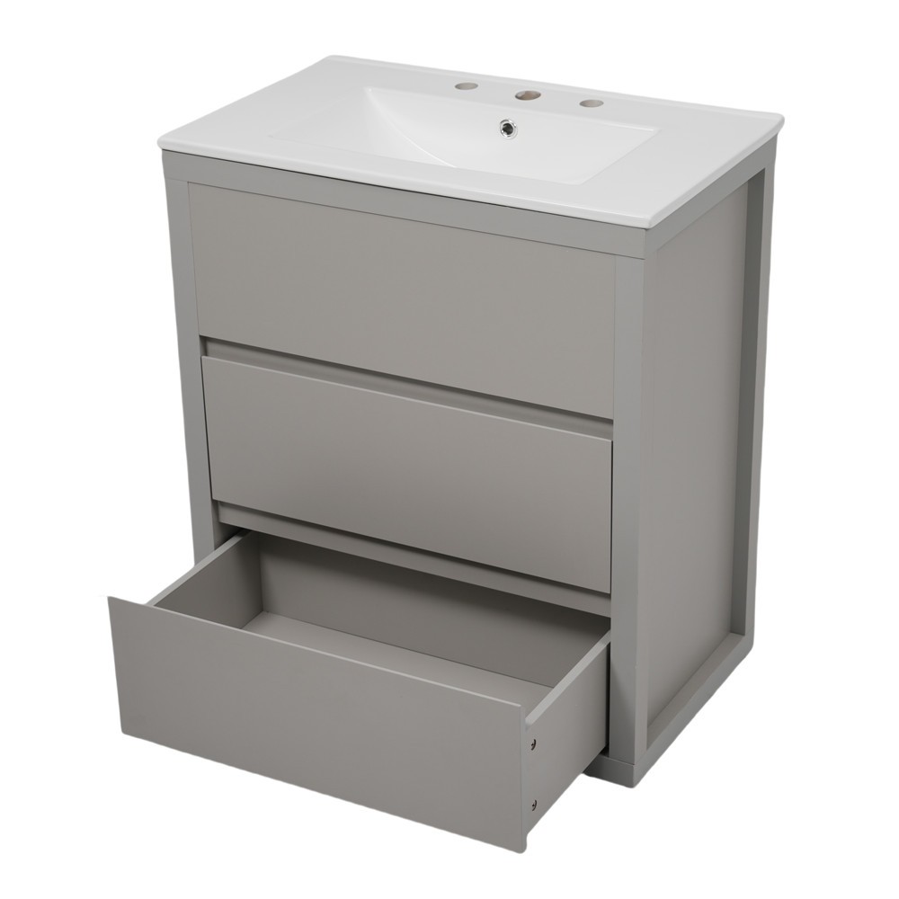 30″ Bathroom Vanity w/ Ceramic Sink, Freestanding Bath Vanity Cabinet, 2 Drawers