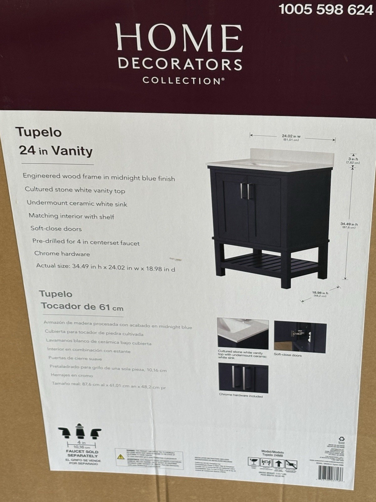 Home Decorators Collection Tupelo 24″ Vanity Midnight Blue Soft-Close