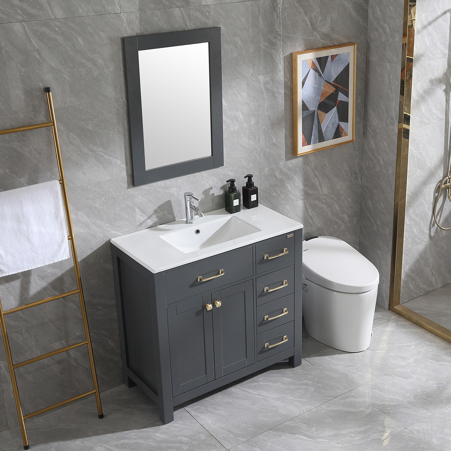 36″ Bathroom Vanity White Ceramic Sink Undermount Cabinet W/Faucet Drain Mirror