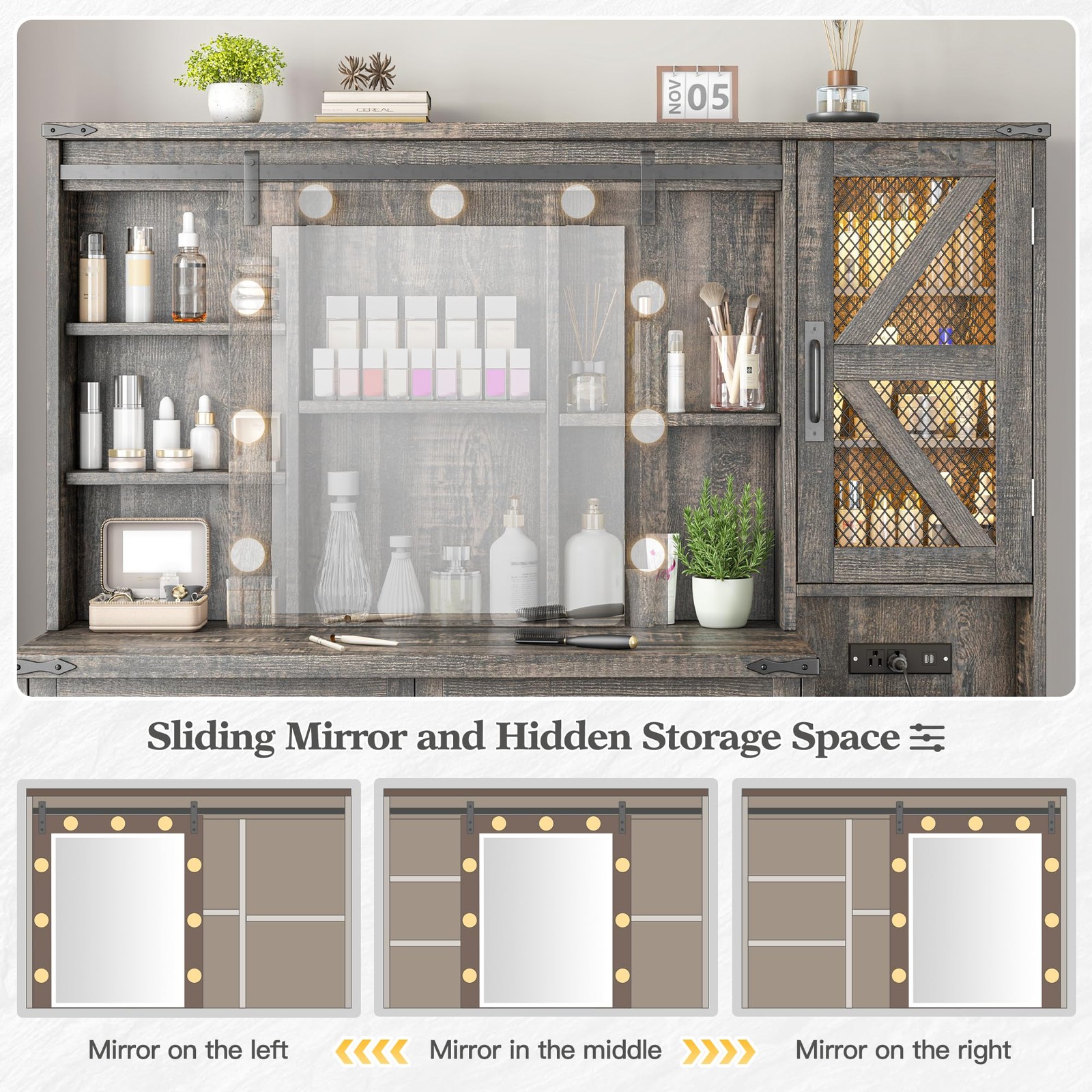 Farmhouse Vanity Desk Sliding Mirror Lights Drawers RGB Cabinet Jewel Rustic Oak