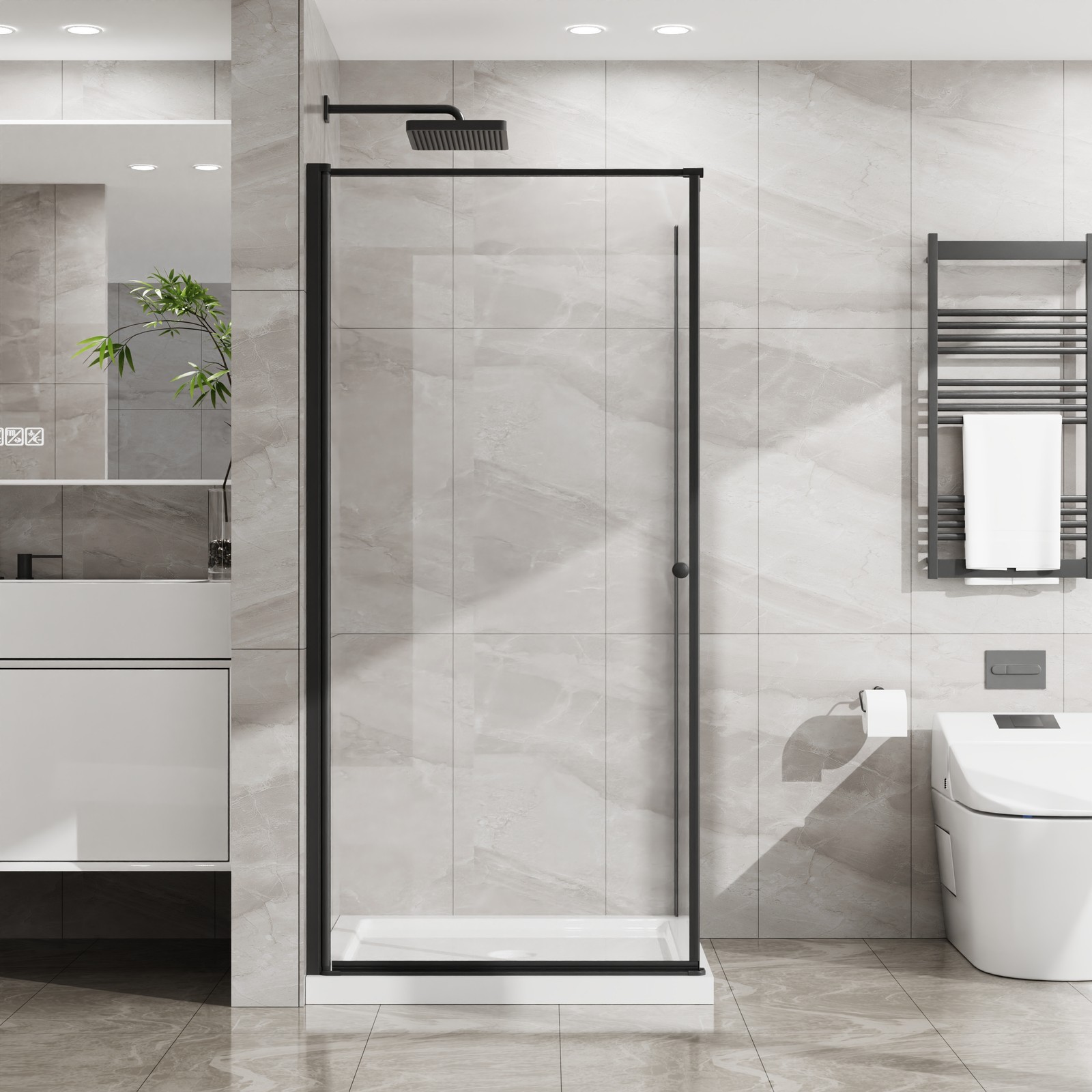 36×36 Corner Shower Enclosure with Frameless Door and Tempered Glass Base