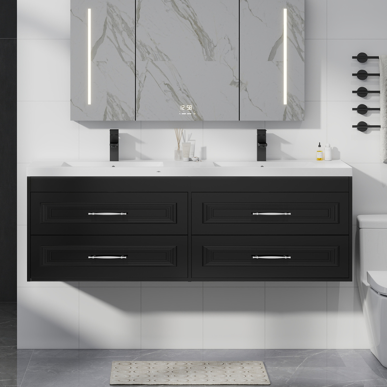 60″ Black Wall Mounted Floating Vanity with Sink and Soft Close Bathroom Cabinet
