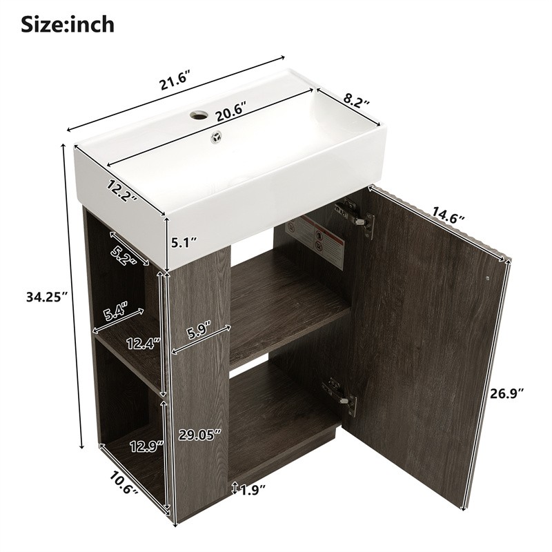 21.6″ Bathroom Vanity with Single Sink,Freestand Right Door Wood Grain Cabinet
