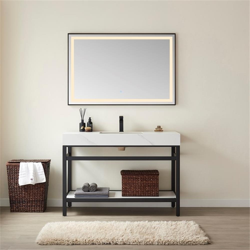 Funes 48″ Single Sink Bathroom Vanity in Matte Black Frame White Top w/ Mirror