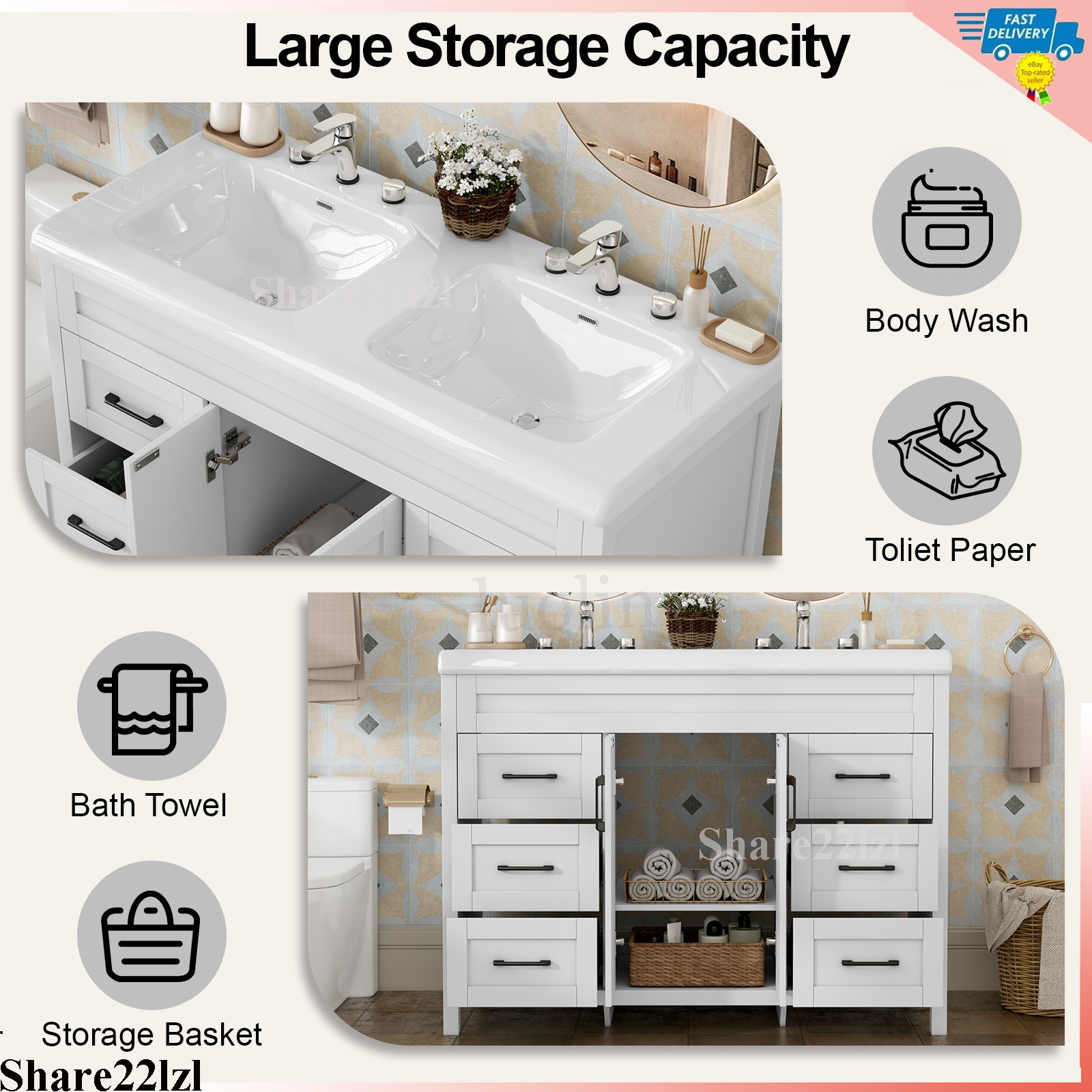 47″ Bathroom Vanity Cabinet White Freestanding Drawers with Double Sink Ceramic