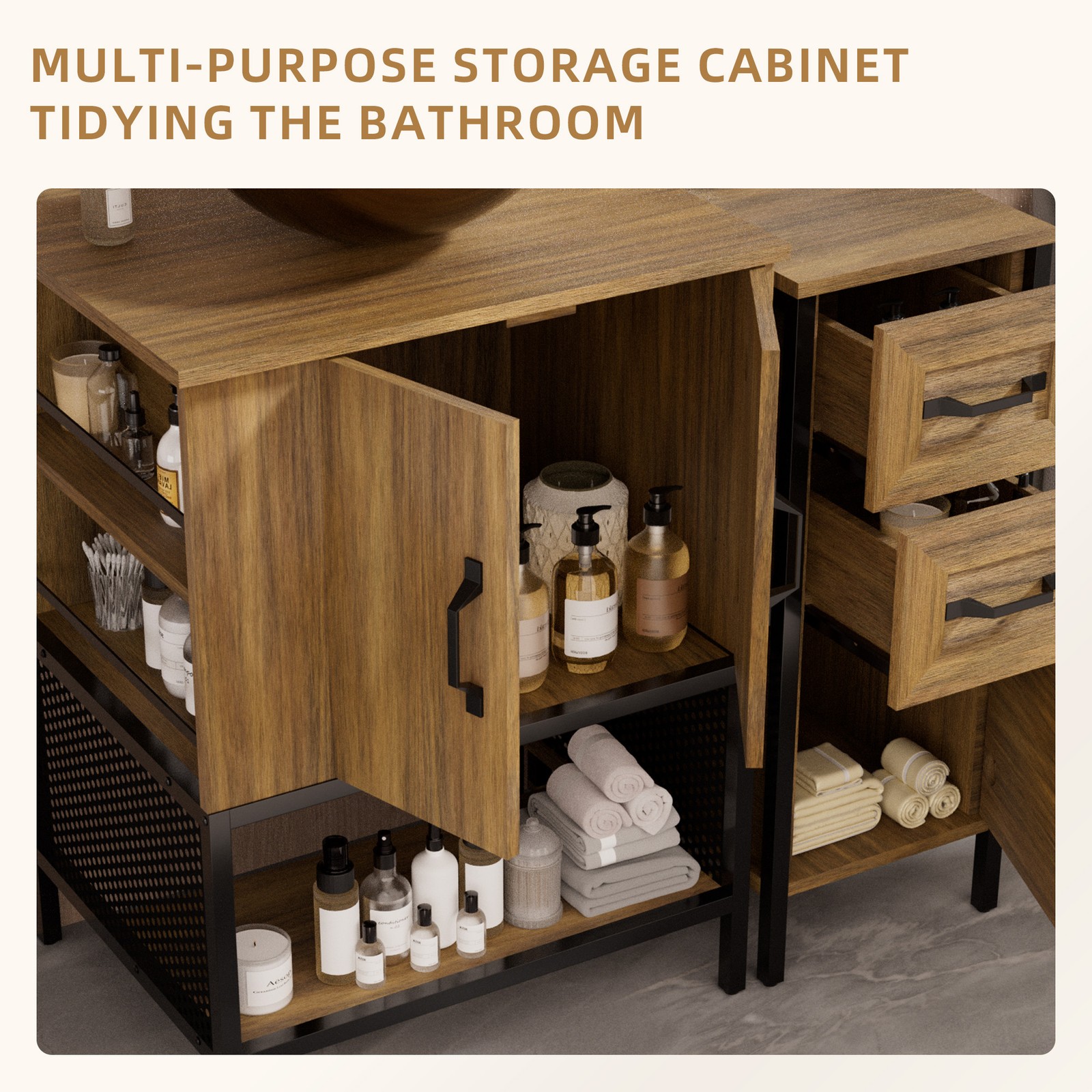 36” Bathroom Vanity with Glass Sink Solid Wood Frame Bathroom Storage Cabinet