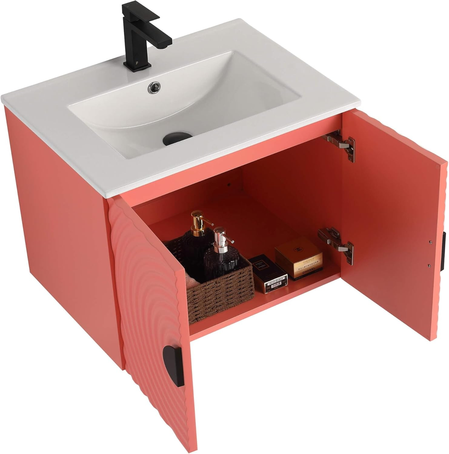 Coral Pink 24″ Floating Bathroom Vanity with Sink & Stylish Fluted Doors
