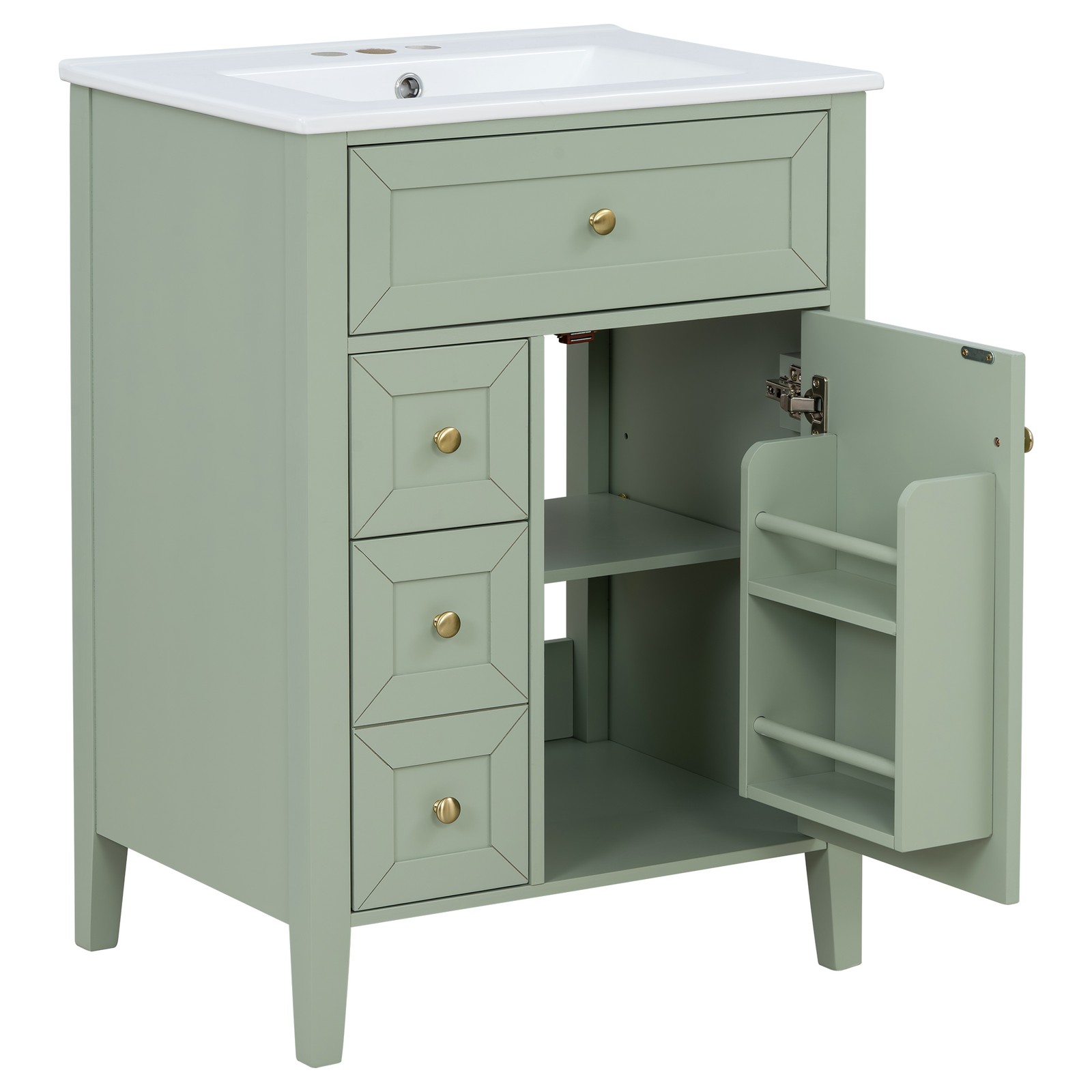 24″ Light Green Bathroom Vanity with Ceramic Sink and Storage Drawers