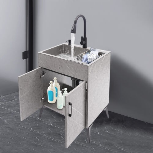 Modern Bathroom Vanity Free Standing Kitchen Cabinet Sink w/ Pull-out Faucet