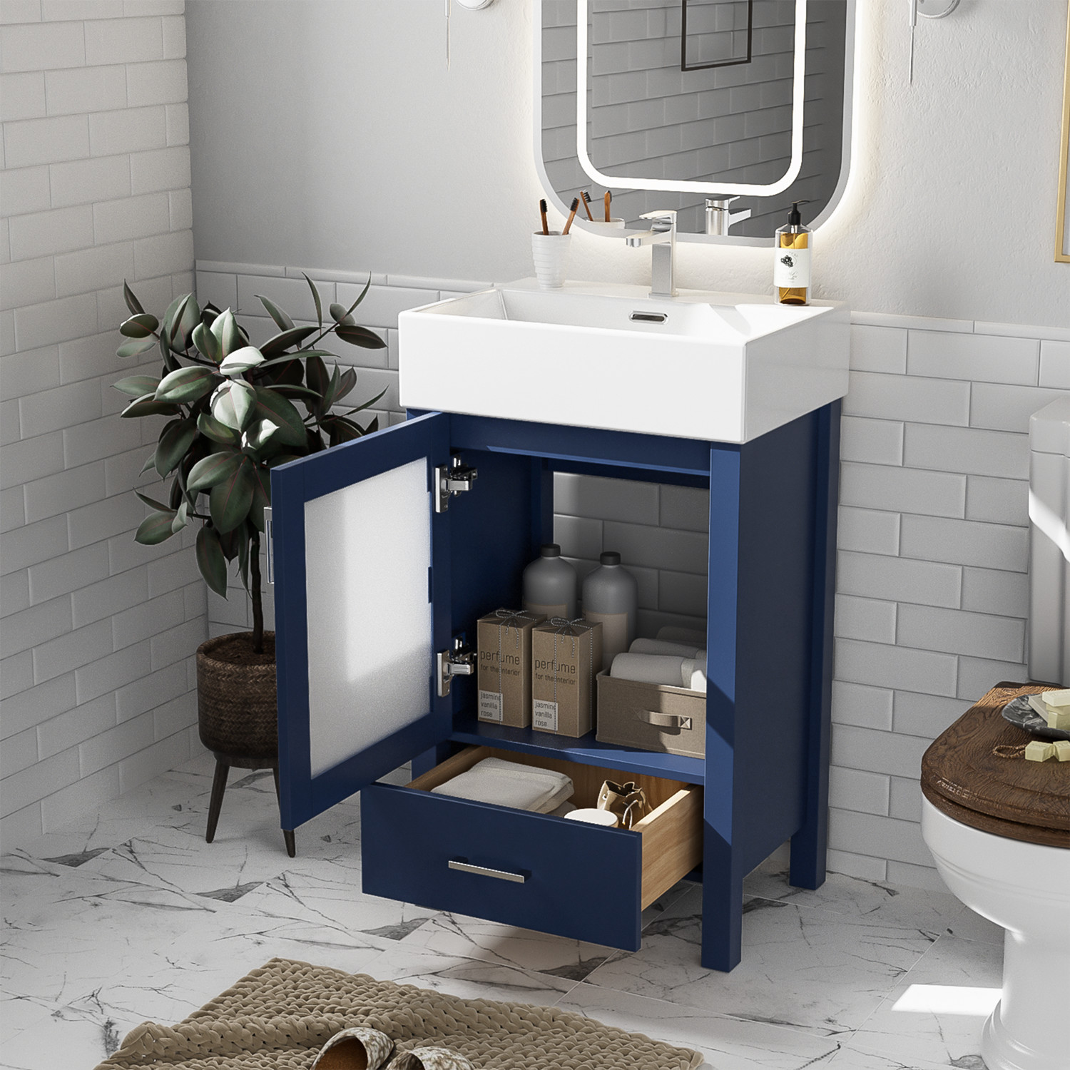 20″ Bathroom Vanity w/ Ceramic Sink, Freestanding Bath Vanity Cabinet, Drawer