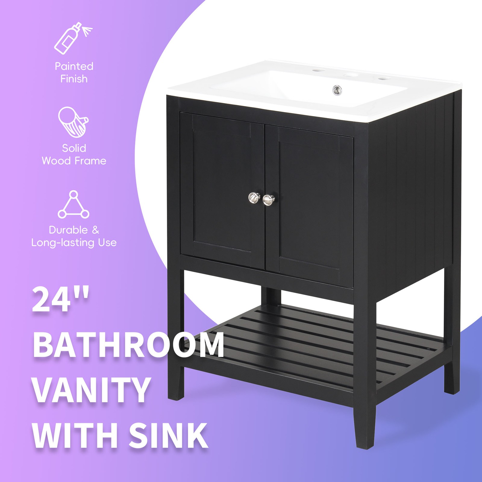 24″ Black Modern Bathroom Vanity with Ceramic Sink & Wood Frame