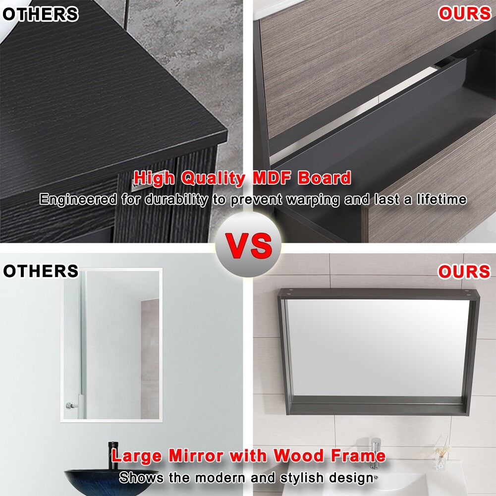Wall-mount 36″ Bathroom Vanity Wood Cabinet w/ Resin Basin Sink & Mirror Combo