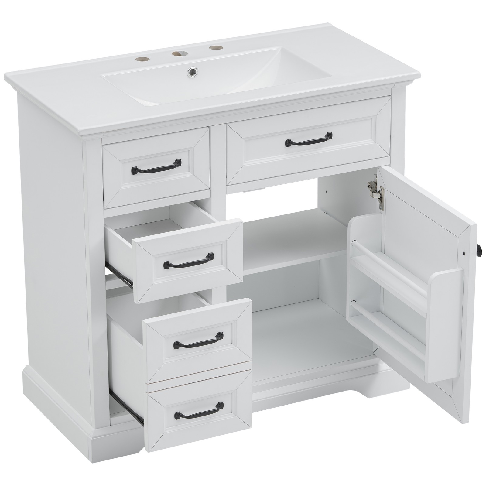 36″ Bathroom Vanity with Ceramic Sink Top, 4 Drawers & 1 Soft-Close Door
