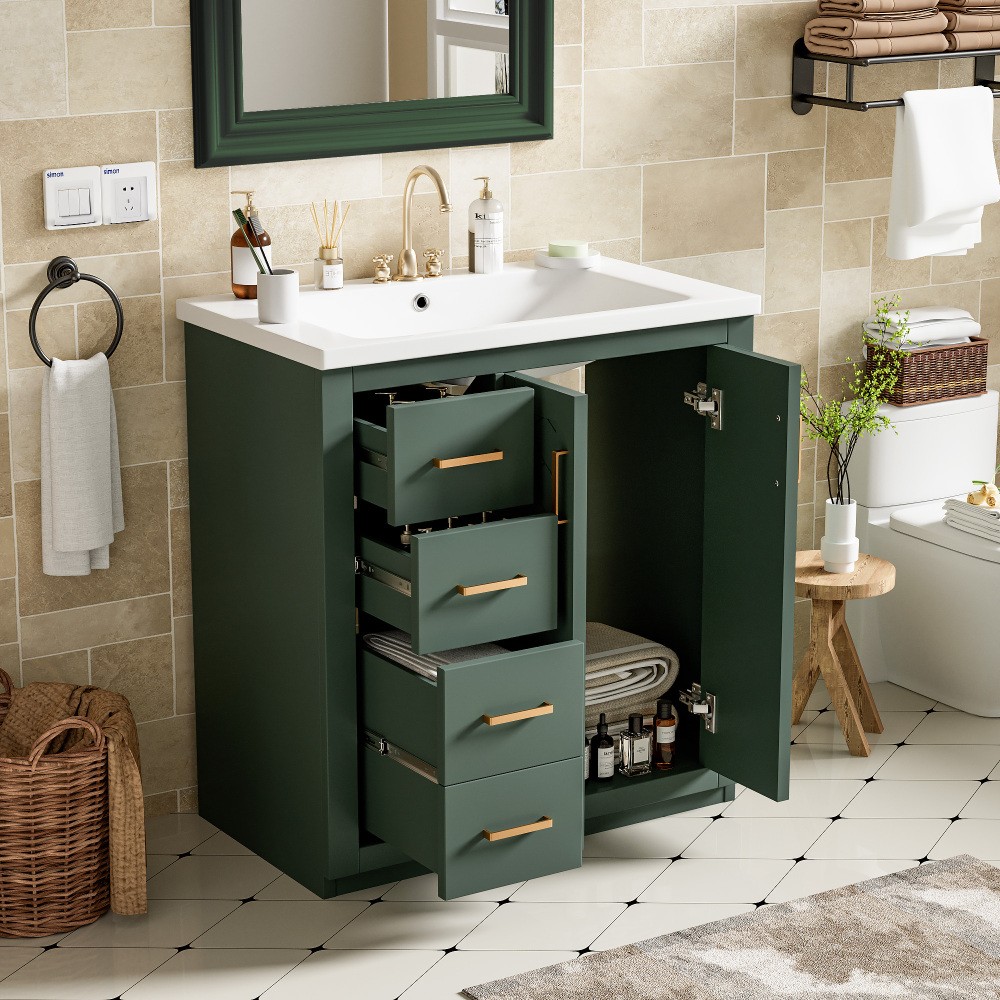 30” Bathroom Vanity with Ceramic Sink Combo,Solid Wood Frame Bathroom Storage
