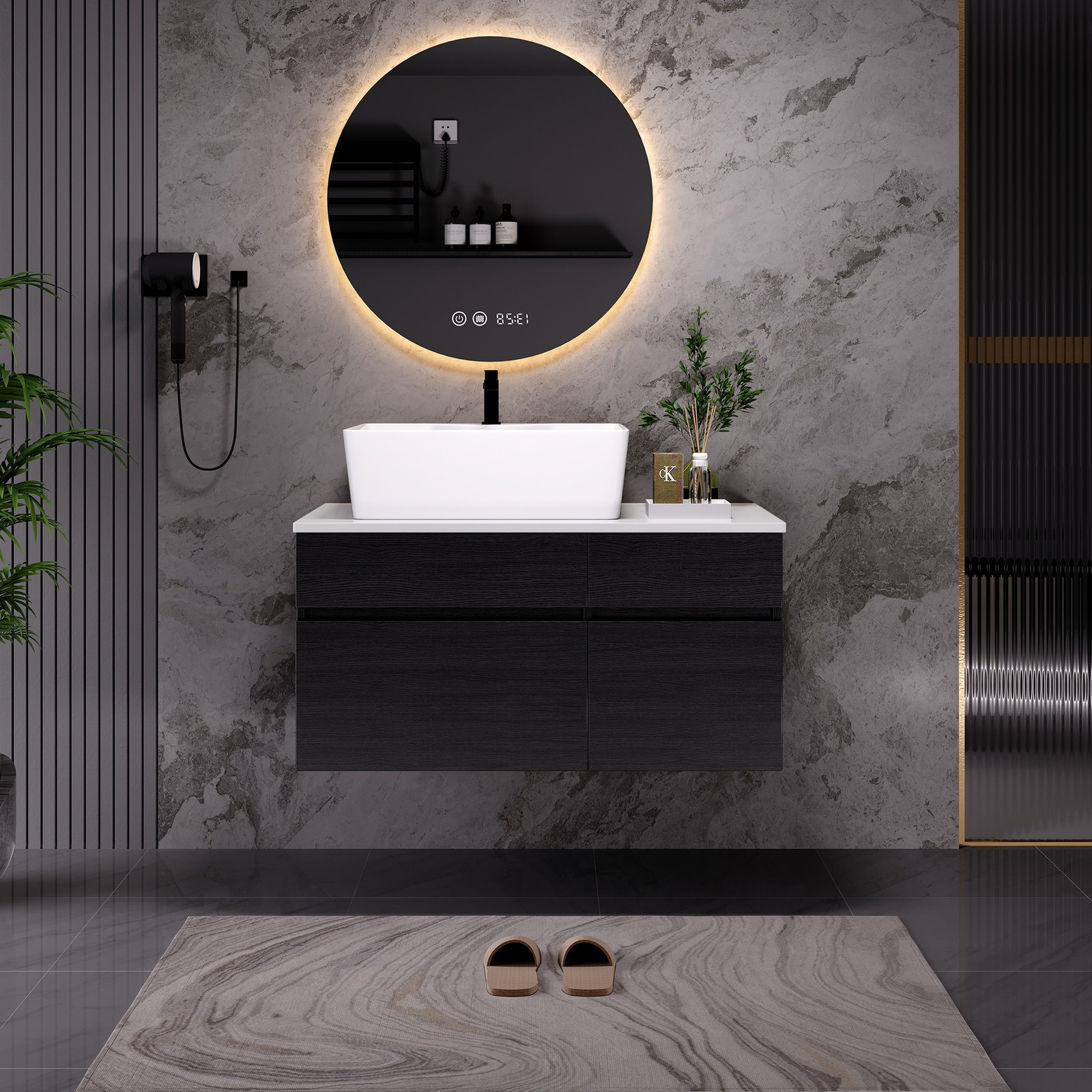 31.5 In Black Floating Wall-Mounted Cabinet Vanity W/White Ceramic Sink Bathroom
