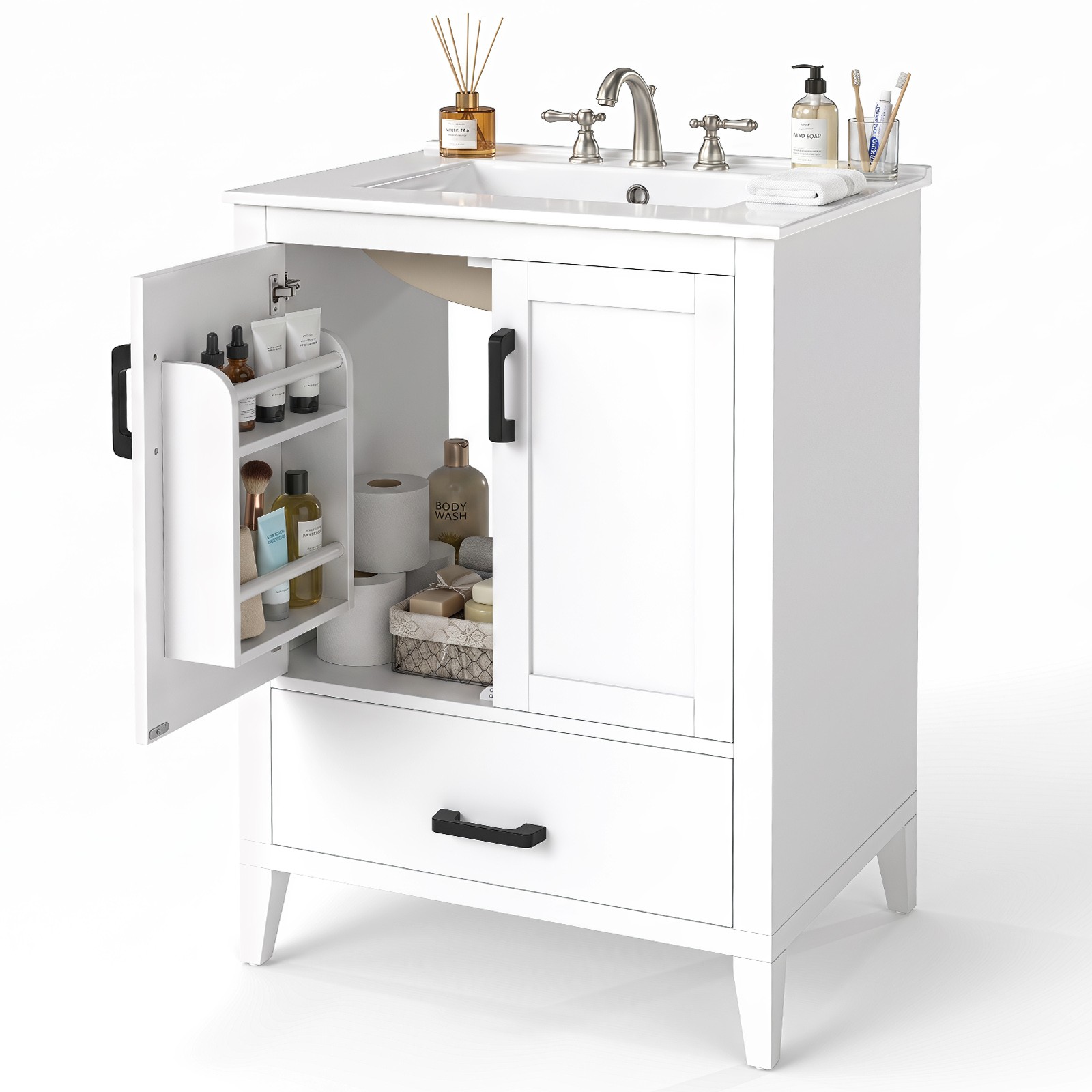 24.5” Modern Bathroom Vanity w/Sink, 2 Doors & Drawer, Rubber Wood Legs, White