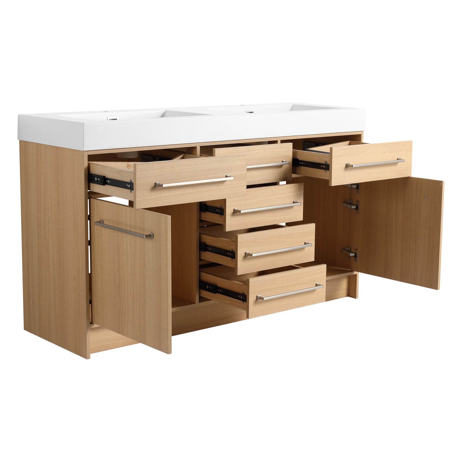 60 in Plywood Bathroom Vanity Freestanding W/Double Resin Sink +2 Doors 6Drawers