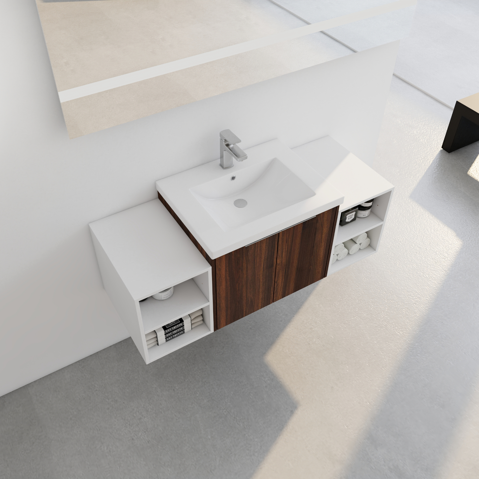 24″Bathroom Vanity Cabinet With Resin Sink + Two 12″Small Storage Shelves Walnut