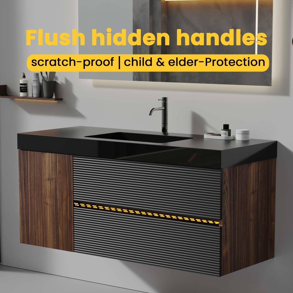 48″ Walnut Bathroom Vanity with Matt Black Engineered Quartz Sink and Soft Black