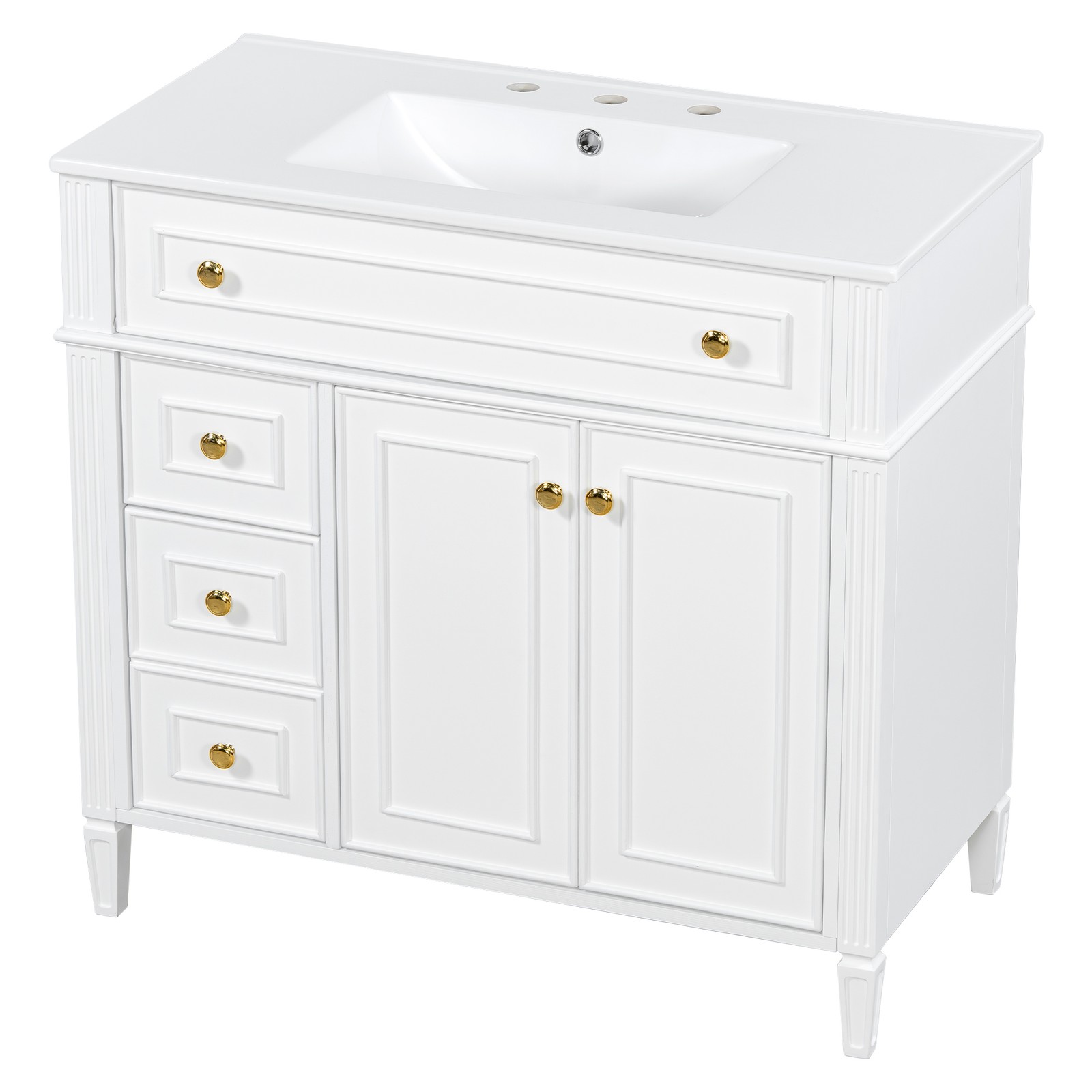 36″ Bathroom Vanity with Sink, White Solid Wood Cabinet, Gold Handles