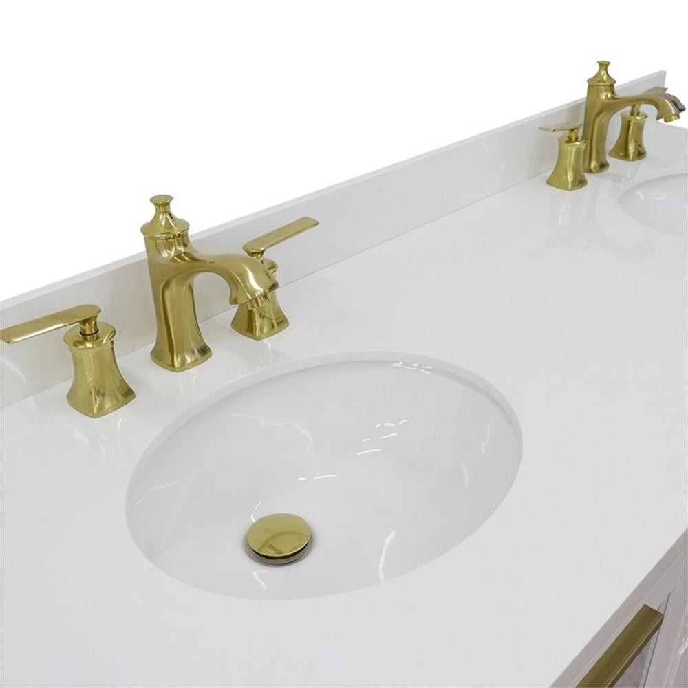 Pemberly Row 61″ Double Oval Sink Solid Wood Vanity in White/White Quartz Stone
