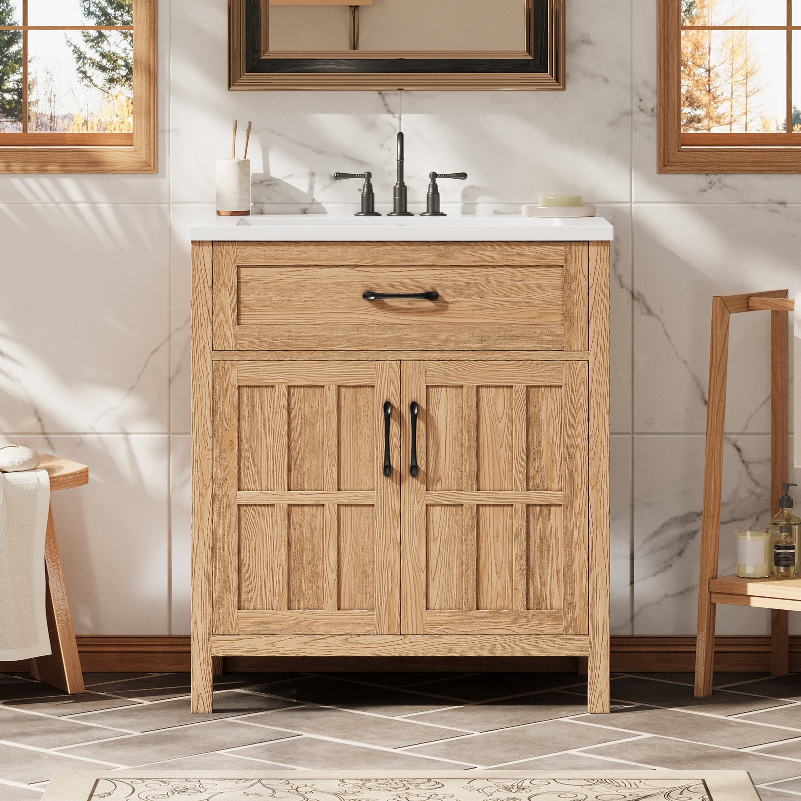30″ Bathroom Vanity with Resin Sink & Door Organizer, Solid Wood Frame